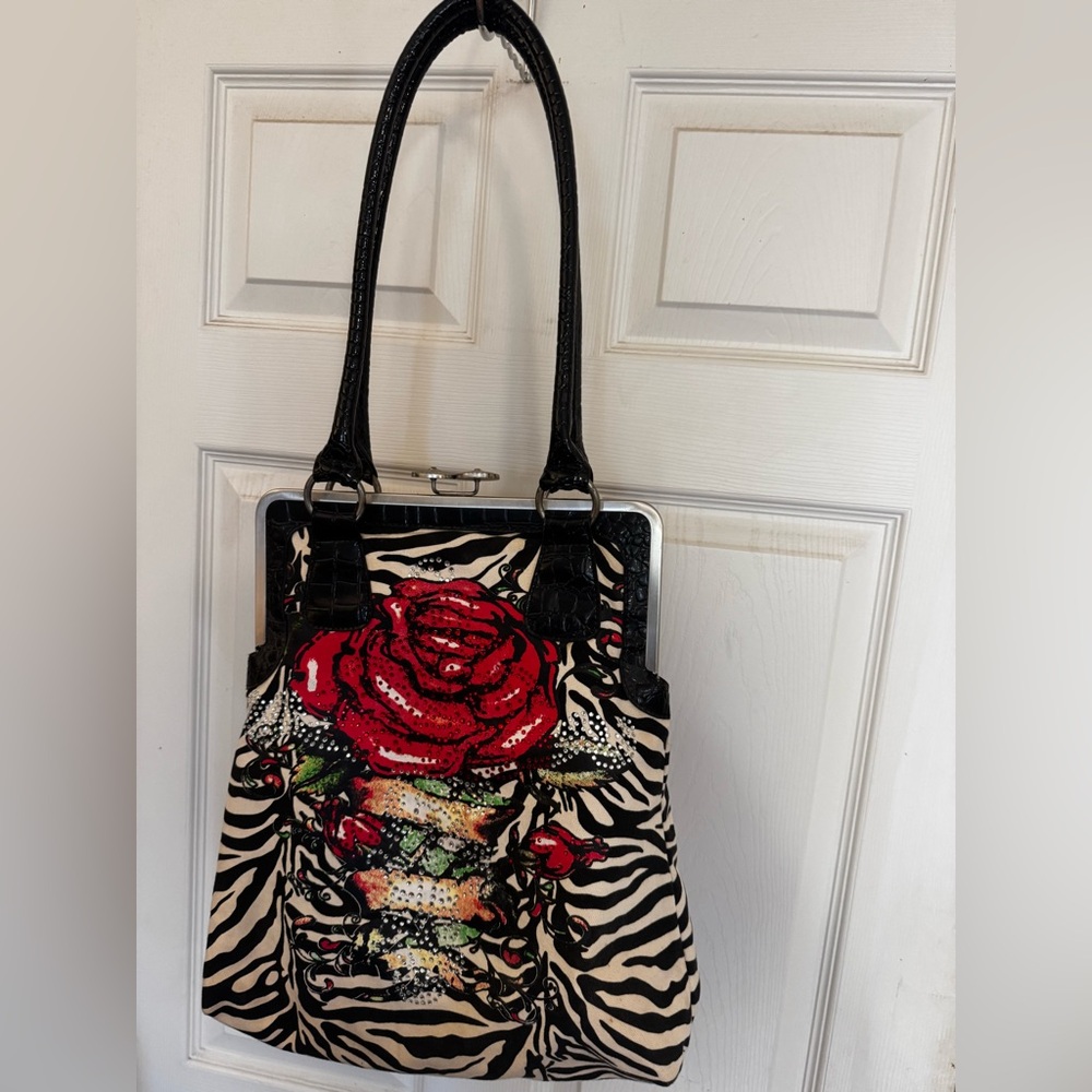 Stylish Cocos Brand Zebra Print Bag with Red Rose